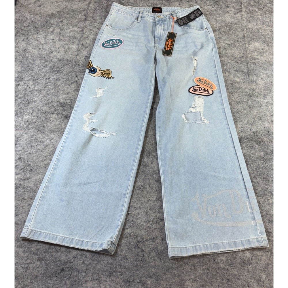 NWT Von Dutch Wide Leg Flare Jeans Women's 29 Patch Logo Embroidered Y2K Skater